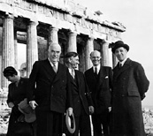 Prime Minister Menzies (second from left) pictured in front of the Parthenon during a visit to Greece in the 1950s.